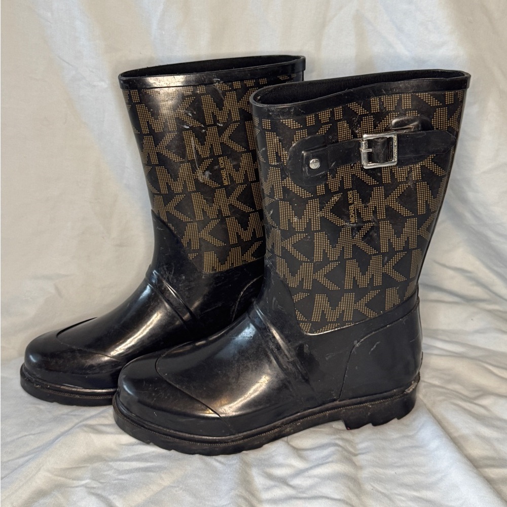 Michael Kors MK Logo Black Rubber Rain Boots Mid-Calf Buckle